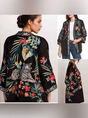 NEW Johnny Was Monica Kimono Sequin Tiger Floral Embroidery Black Jacquard Small